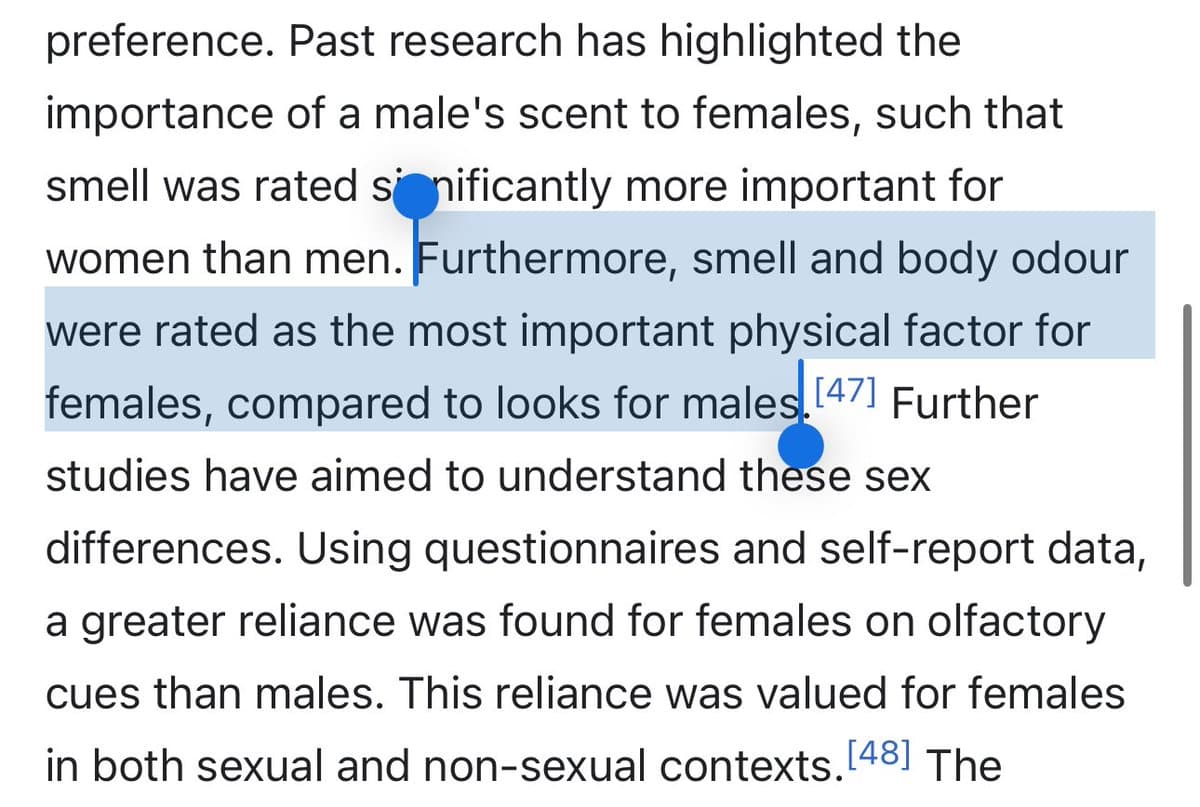 A screenshot of a text passage from an academic or research document, with a portion of the text highlighted in blue. The text discusses research on the importance of scent in mate selection, noting that females rate smell as more important than males do.
