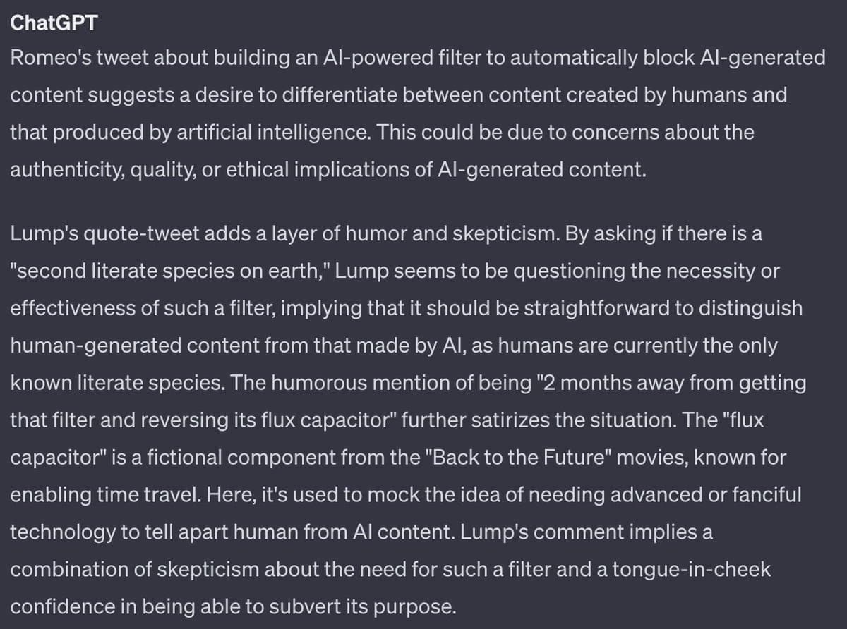 A screenshot of a ChatGPT text response analyzing a tweet exchange about AI-generated content filters. The text discusses the motivations behind such filters and a user's humorous, skeptical quote-tweet referencing 'Back to the Future.'