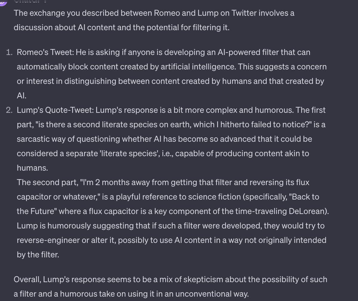 A screenshot of a text-based analysis, likely from an AI chat interface, discussing a Twitter exchange between users Romeo and Lump regarding AI content filters. The text breaks down the original tweet and a quote-tweet response, interpreting the latter's sarcasm and science fiction references.