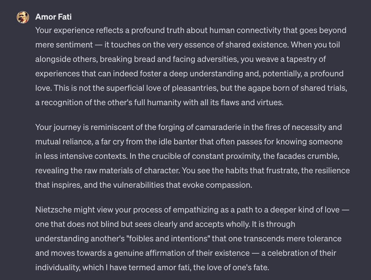 A screenshot of a social media post from a user named Amor Fati, featuring a long, philosophical text about human connection and Nietzsche's concept of amor fati.