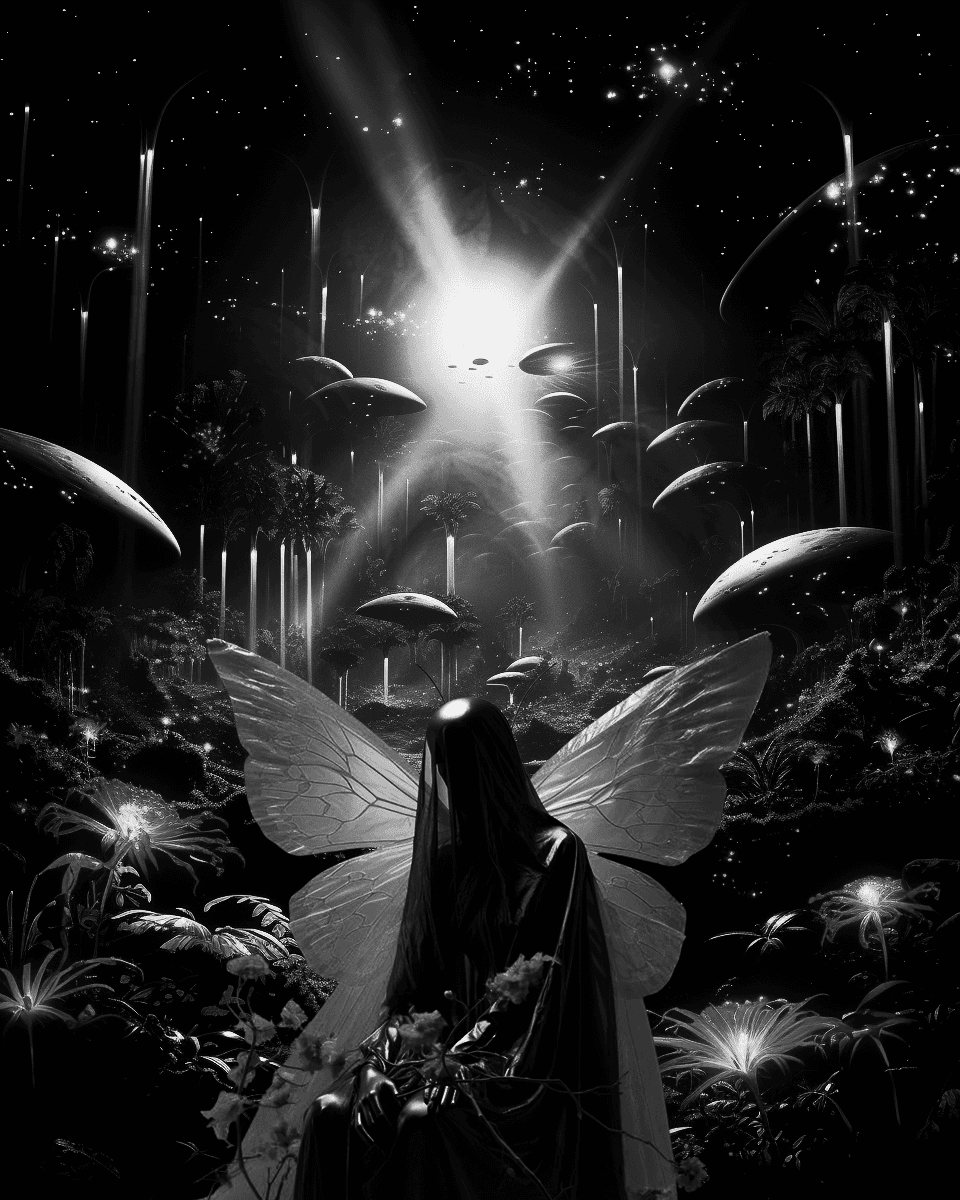 A black-and-white digital illustration depicting a winged figure with long hair sitting in a dark, fantastical forest filled with giant mushrooms and glowing plants, facing a bright light source in the sky.