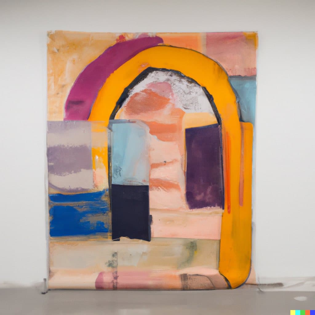 A photograph of an abstract painting displayed on a white wall, featuring a large yellow arch shape, a purple curve, and various rectangular blocks of color including blue, black, and pink.
