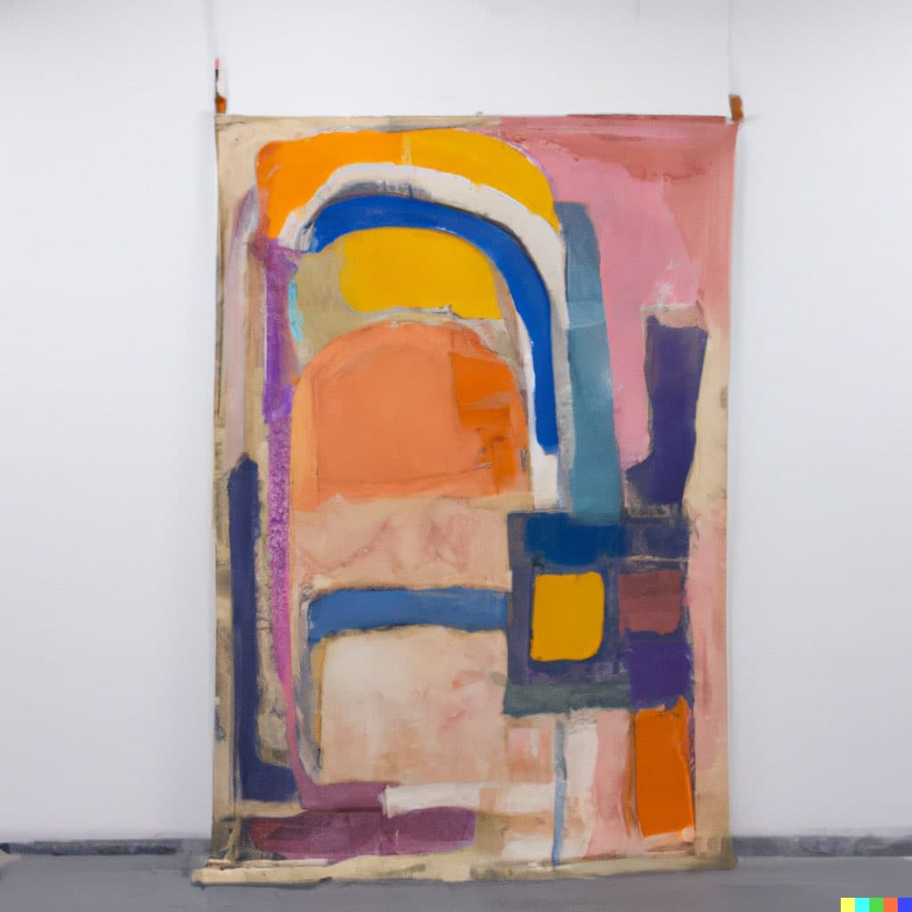 A photograph of an abstract painting hanging on a white wall, featuring bold, blocky shapes in orange, blue, yellow, and purple.