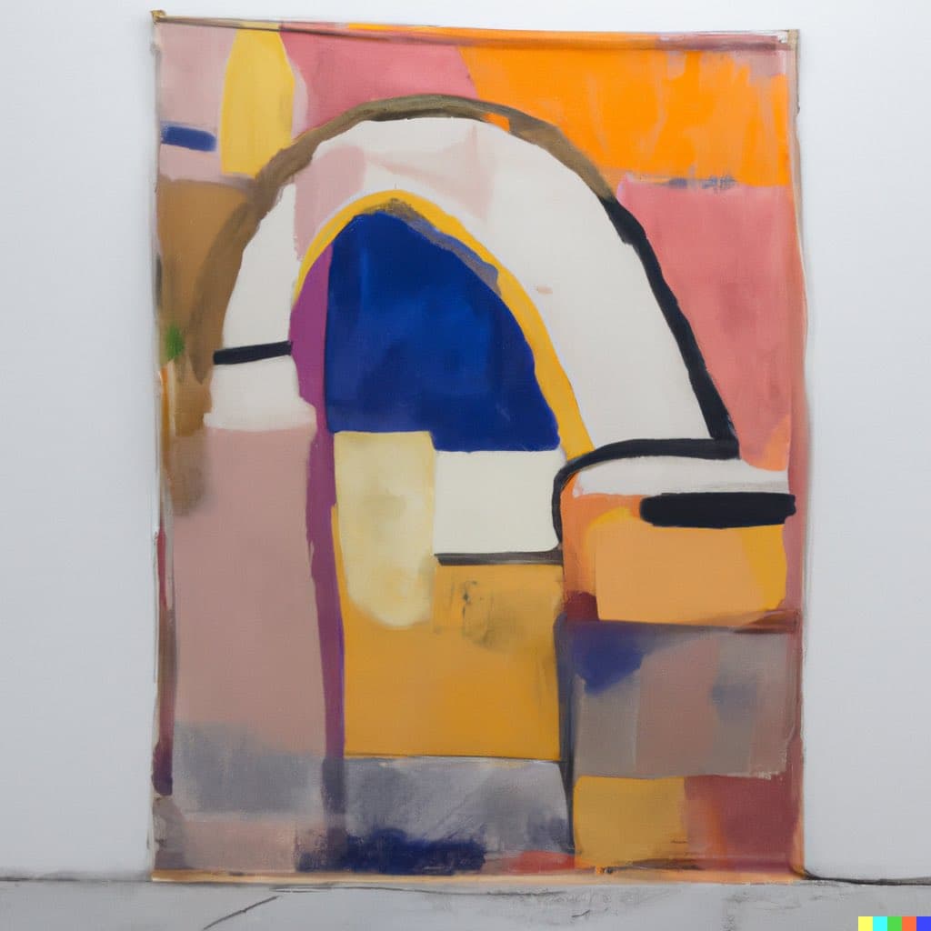 A photograph of an abstract painting featuring bold, blocky shapes in blue, yellow, orange, and pink, with a prominent white arch outlined in black. The artwork is displayed on a white wall and appears to be the original piece referenced in the accompanying text.