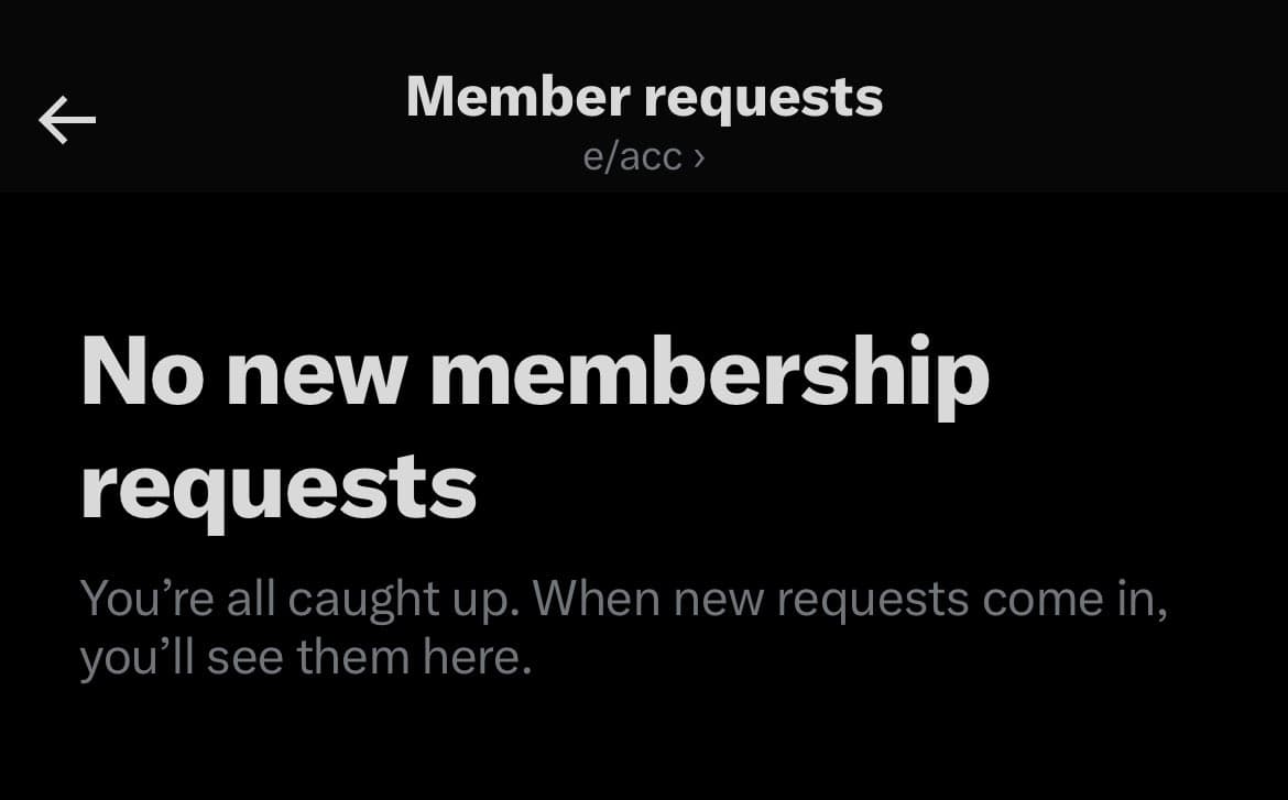 A screenshot of a mobile app interface showing a 'Member requests' page. The page indicates there are no new membership requests.