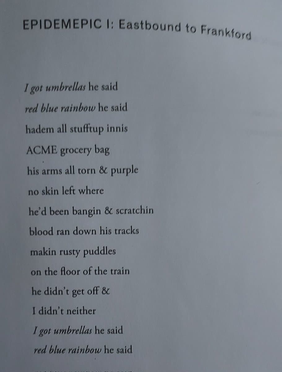 A photograph of a printed page containing a poem titled "EPIDEMEPIC I: Eastbound to Frankford". The text is arranged in a single column on a white background.