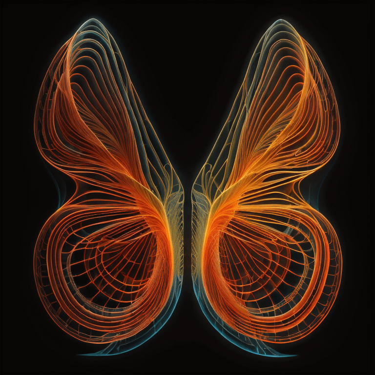 A digital art image featuring a pair of symmetrical, abstract wing-like structures made of glowing orange and yellow wireframe lines against a black background. The intricate, flowing lines create a sense of depth and movement, resembling a stylized butterfly or moth.