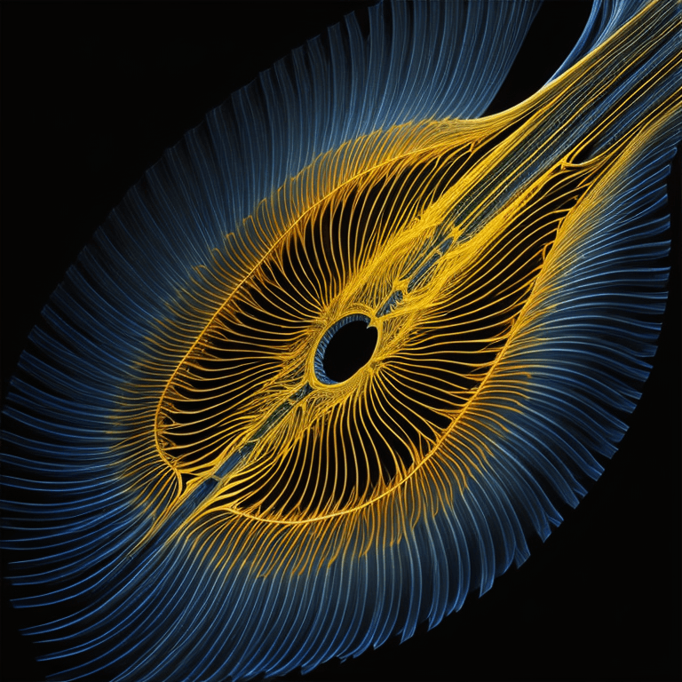 An abstract digital artwork featuring a large, stylized eye formed by intricate, radiating lines of glowing yellow and blue light against a black background. The lines create a feather-like or wing-like texture that swirls around the central dark pupil.