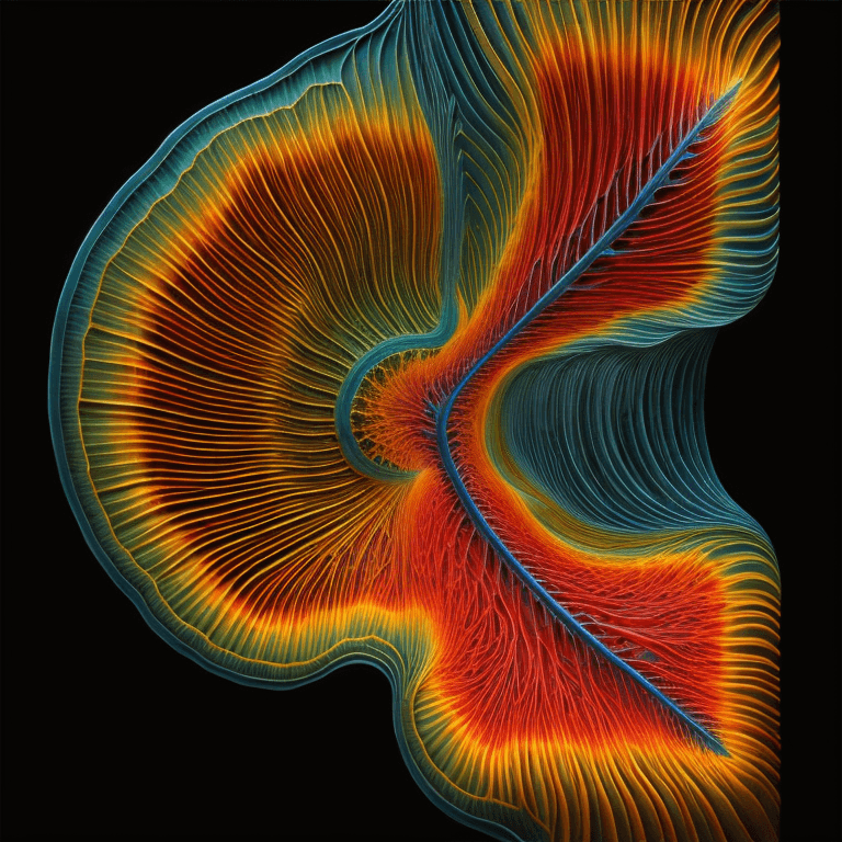 A digital art image featuring an abstract, organic shape with intricate, flowing lines in vibrant shades of orange, red, and blue against a black background. The design resembles a stylized feather or a cross-section of a biological structure, with a central blue vein-like line branching out into a complex network of fine, colorful filaments.