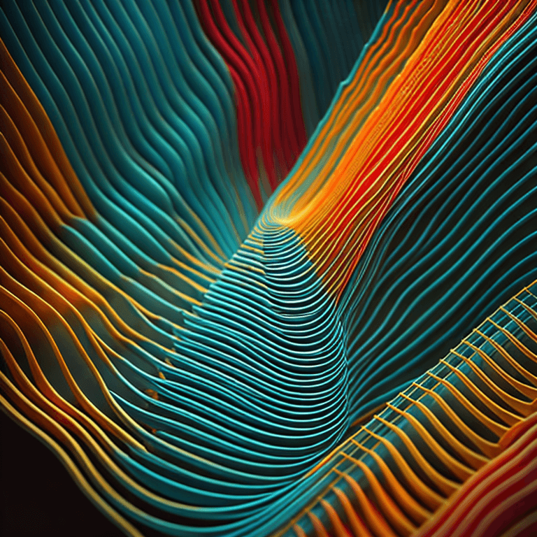 A vibrant, abstract digital artwork featuring flowing, wavy lines in shades of teal, orange, red, and yellow that create a sense of depth and movement. The image appears to be a 3D render or AI-generated art with a smooth, glossy texture.