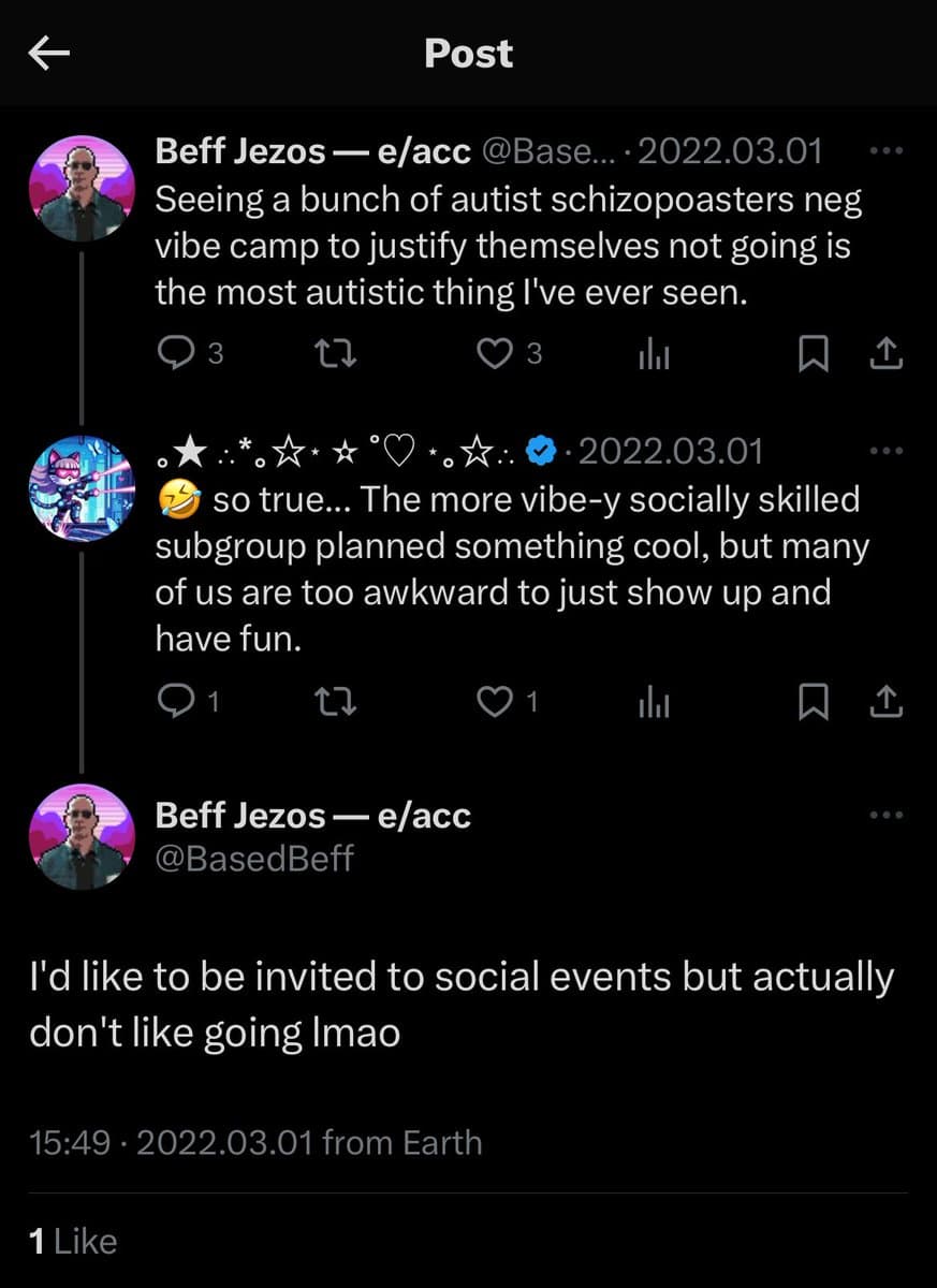 A screenshot of a Twitter/X conversation thread between two users, Beff Jezos and another account, discussing social events and 'vibe' culture. The thread consists of three posts from March 1, 2022.