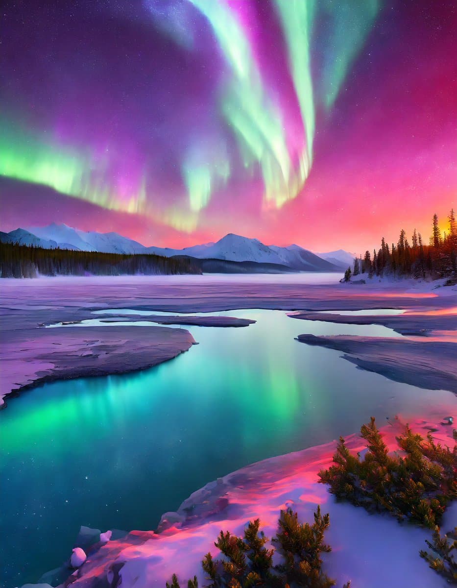 A vibrant digital illustration of a winter landscape featuring a frozen lake and snow-covered mountains beneath a sky filled with colorful aurora borealis. The scene is bathed in pink, purple, and green light, with the aurora reflected in the open water of the river.