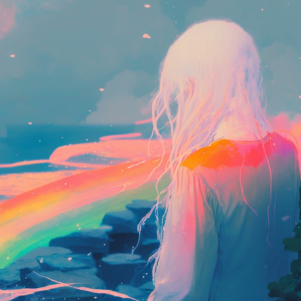 A digital illustration of a person with long, flowing white hair seen from behind, standing on a rocky shore and looking out at a body of water. A vibrant, rainbow-colored light streaks across the scene, illuminating the figure's shoulder and the water in pastel hues of pink, orange, and blue.