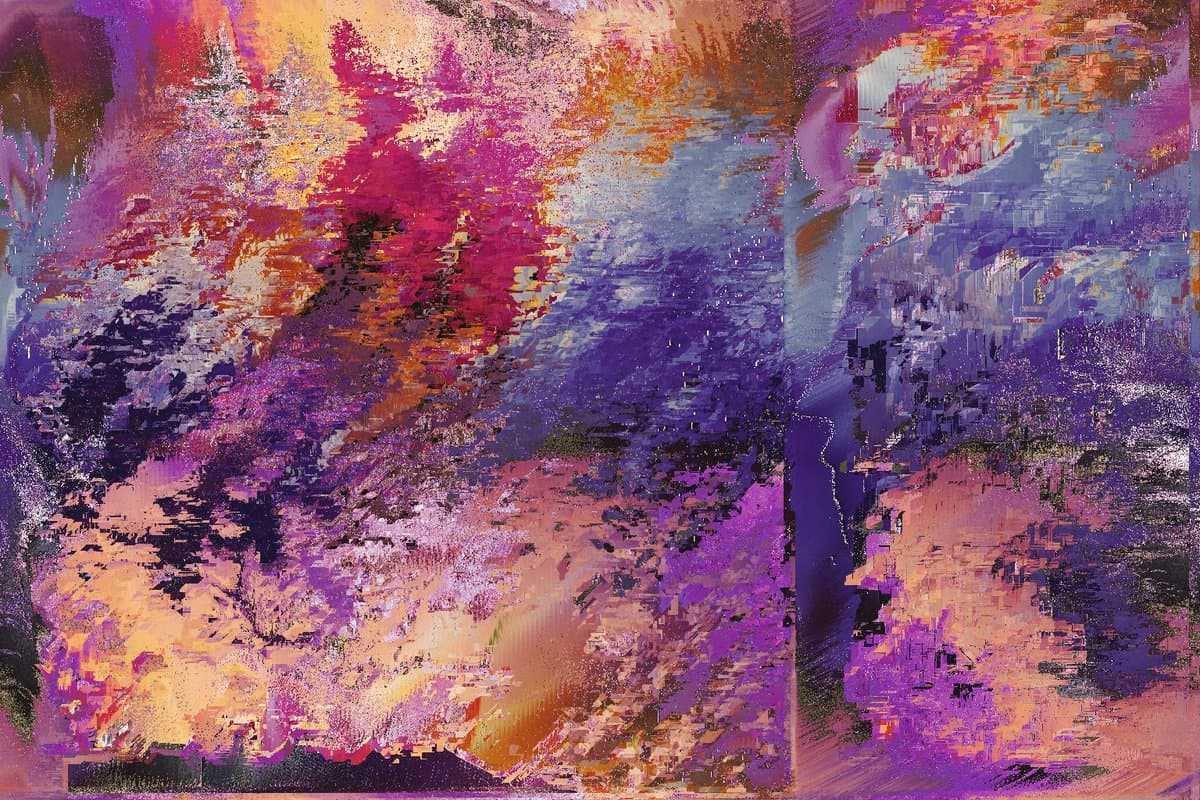 A vibrant, abstract digital artwork featuring a chaotic blend of purple, magenta, orange, and blue hues with a pixelated, glitch-art texture. The composition is divided into two vertical panels by a thin, dark vertical line, creating a sense of depth and digital distortion.