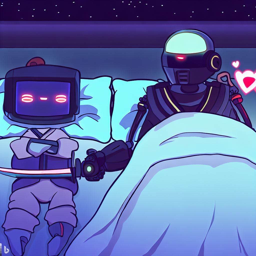 A digital illustration of two cartoon robots sitting in a bed at night, with one robot holding the other's hand and pink heart icons floating nearby. The scene is lit with cool blue and purple tones, suggesting a cozy, affectionate moment between the machines.