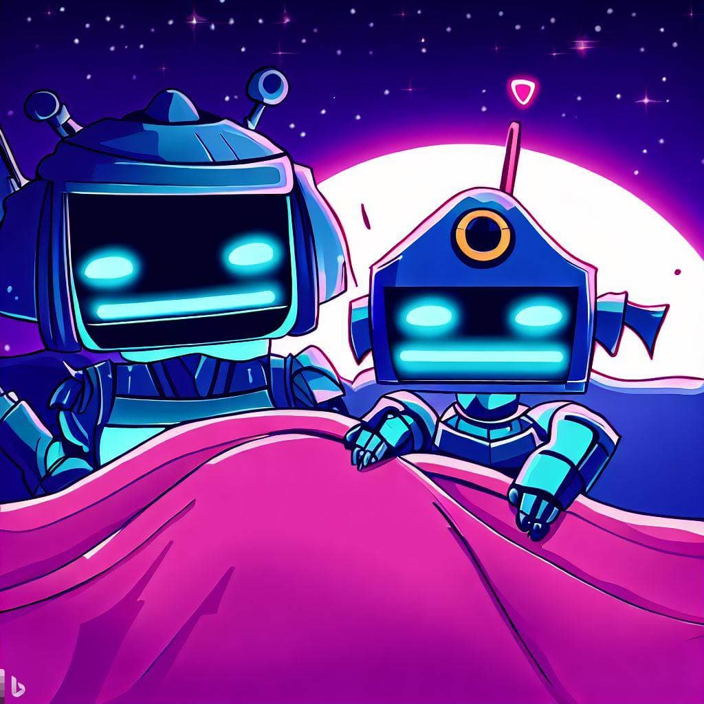 A digital illustration of two cute, blue cartoon robots with glowing cyan eyes and smiles, sitting together under a pink blanket in a starry night setting. A small pink heart floats above the smaller robot on the right.
