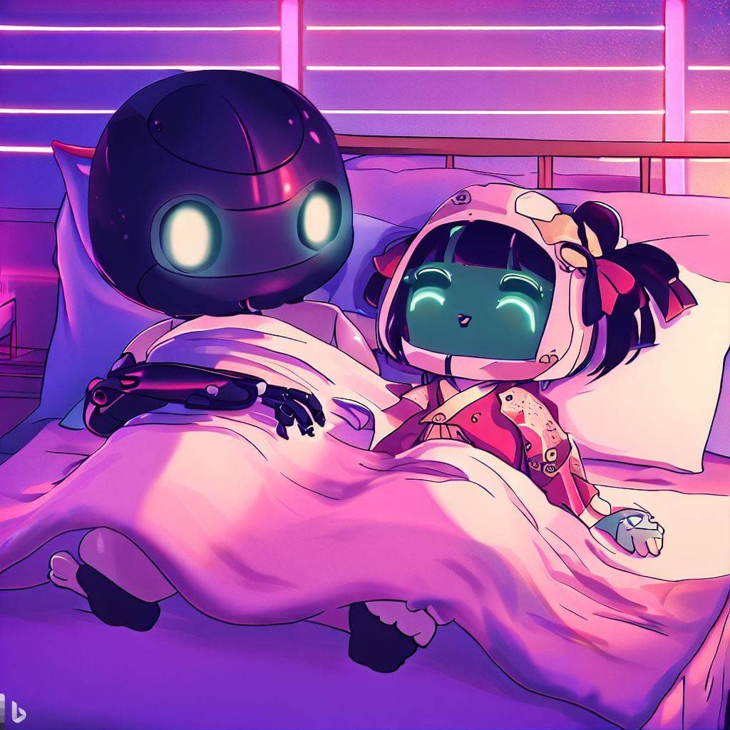 A digital illustration in a neon-lit, anime-inspired style depicting a black robot and a girl with a screen for a face lying in bed together under a pink blanket. The robot has glowing white eyes and is resting its arm over the girl, who is wearing a pink hood and has a content expression on her green digital face.