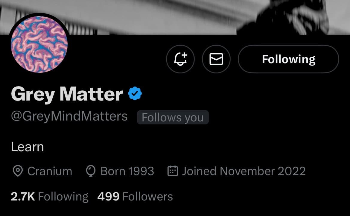 A screenshot of a Twitter profile page for the account "Grey Matter" (@GreyMindMatters). The profile shows a "Following" button, a "Follows you" tag, and account details including location, birth year, and join date.