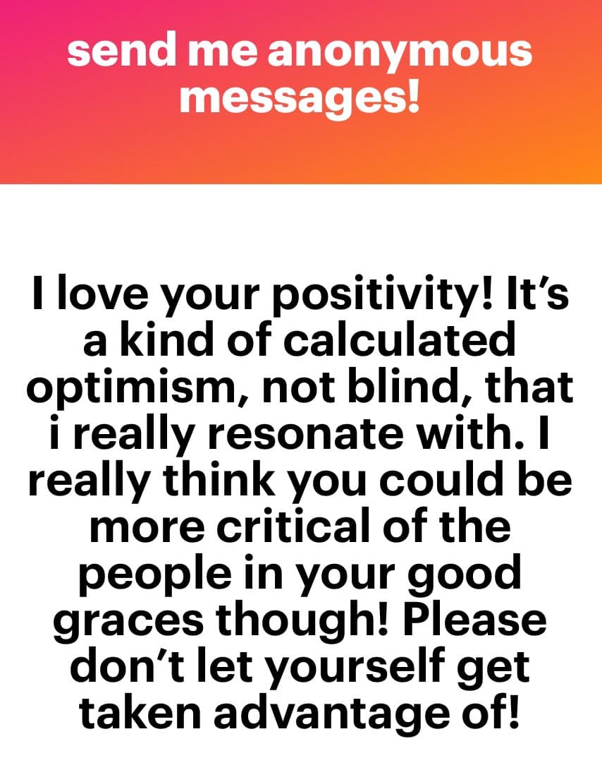 A text-based image with a pink-to-orange gradient header and a white body. The header contains a call to action, and the body contains a message of feedback.