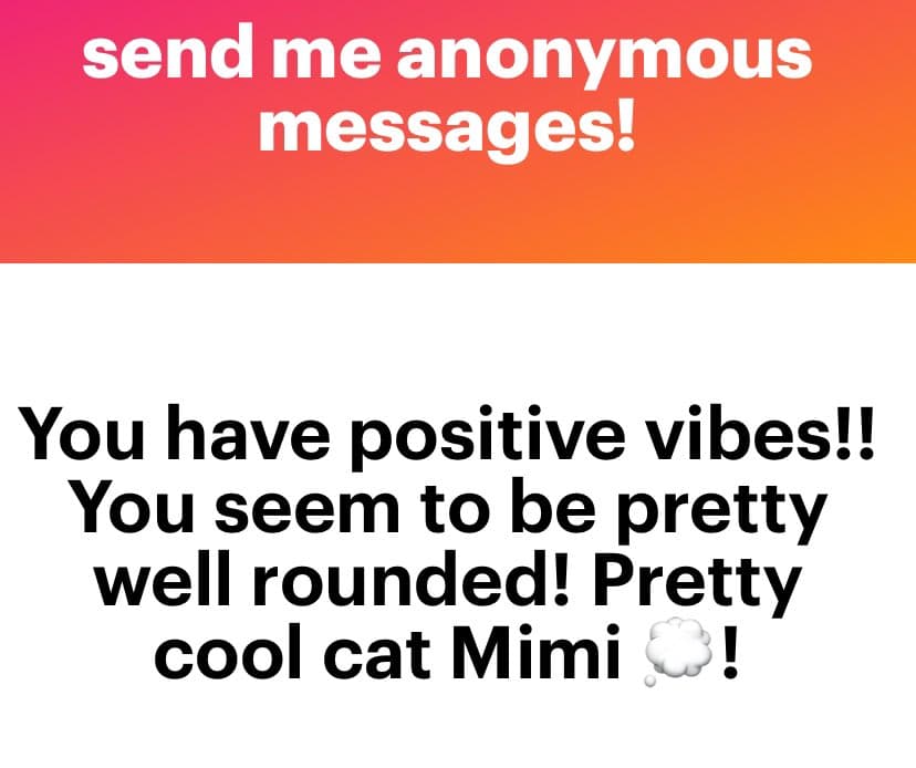 A text-based image with a red-to-orange gradient header and a white body. The header reads "send me anonymous messages!" and the body contains a message: "You have positive vibes!! You seem to be pretty well rounded! Pretty cool cat Mimi 💭!".