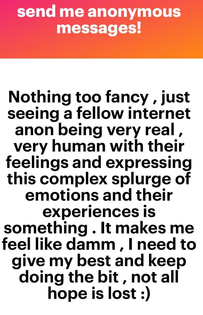 A text-based image with a red-to-orange gradient header and a white body containing a message. The header reads 'send me anonymous messages!' and the body text is a personal reflection on the value of anonymous online expression.