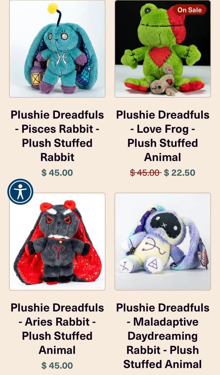 A screenshot of an online store product grid displaying four different 'Plushie Dreadfuls' stuffed animals, each with a unique design and price.
