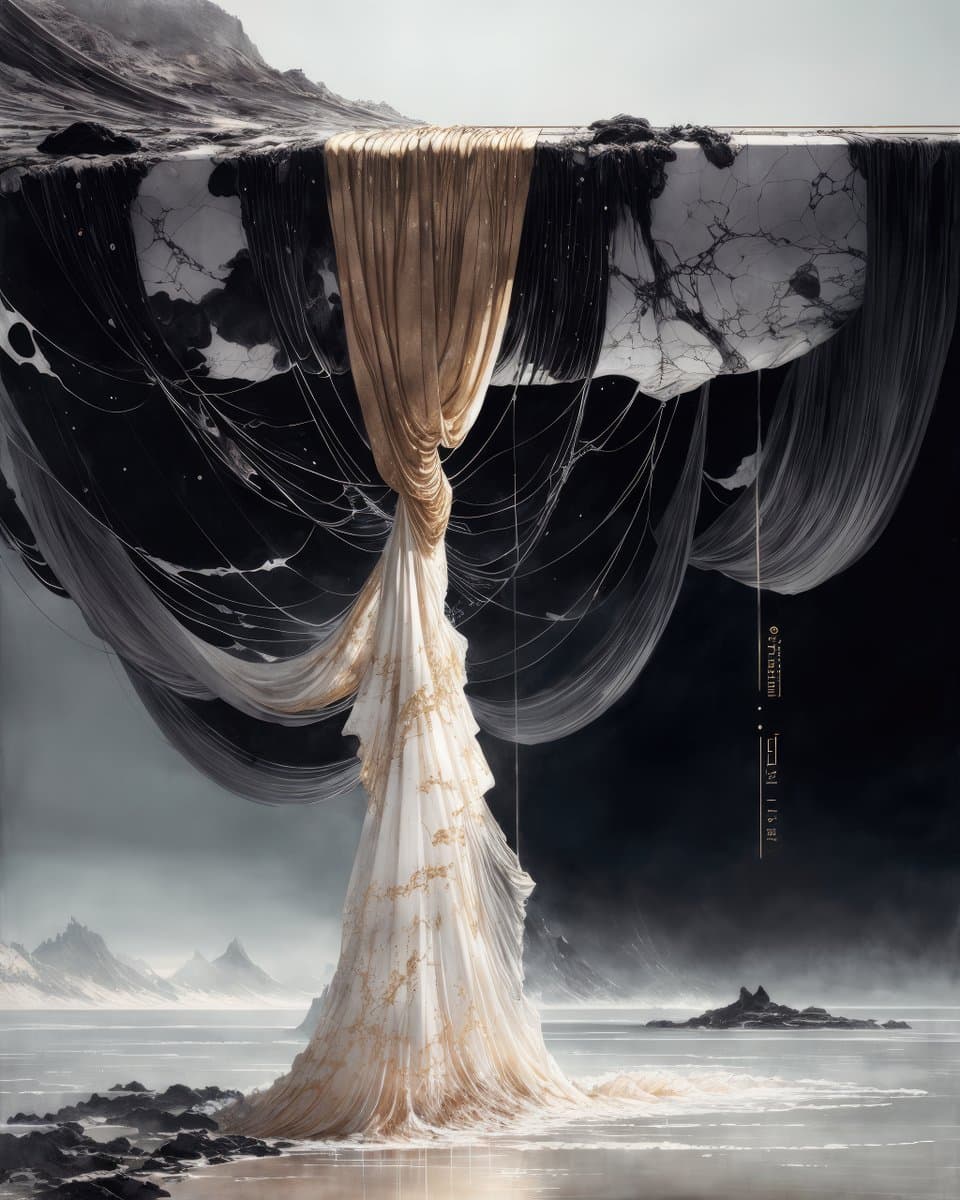A surreal digital artwork depicting a massive, flowing white and gold fabric cascading from a floating, marble-like platform into a misty body of water, set against a dark, atmospheric background with distant mountains.