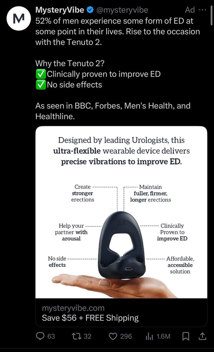 A screenshot of a Twitter post featuring an advertisement for a wearable device called the Tenuto 2, which claims to improve erectile dysfunction. The ad includes a product image with callout labels and text highlighting its benefits and media appearances.