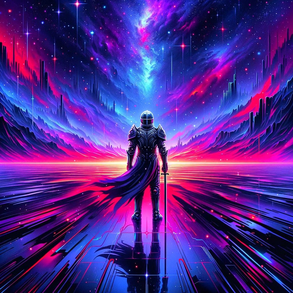 A vibrant, neon-colored digital illustration of a lone, armored figure standing on a reflective surface, facing a cosmic sky filled with stars and a galaxy. The scene is framed by stylized, glowing mountains and futuristic city silhouettes in shades of pink, purple, and blue.