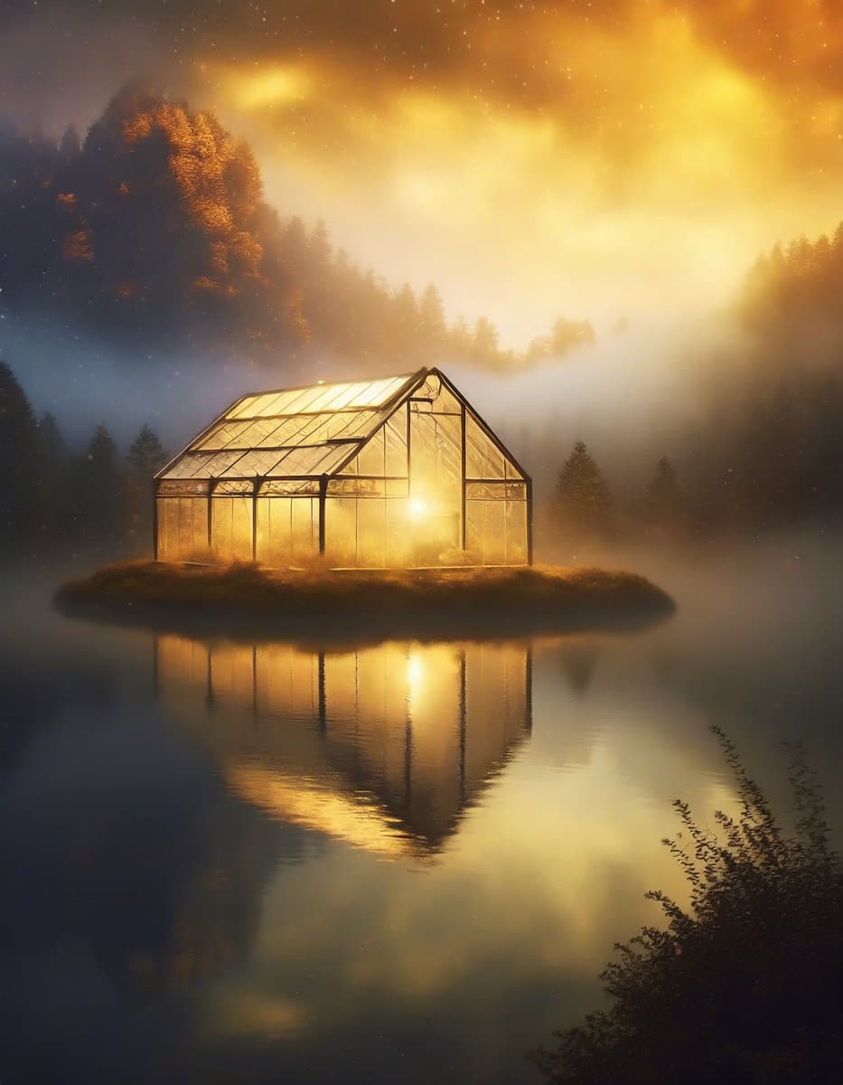 A digital illustration of a glowing glass greenhouse situated on a small island in a misty lake, surrounded by a forest at dusk. The warm light from the structure reflects on the calm water surface, creating a serene and magical atmosphere.