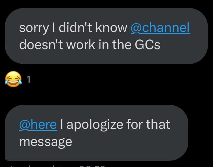 A screenshot of a Discord chat conversation showing two messages. The first message apologizes for using the @channel tag in a group chat (GCs), followed by a laughing emoji reaction. The second message apologizes to everyone using the @here tag.