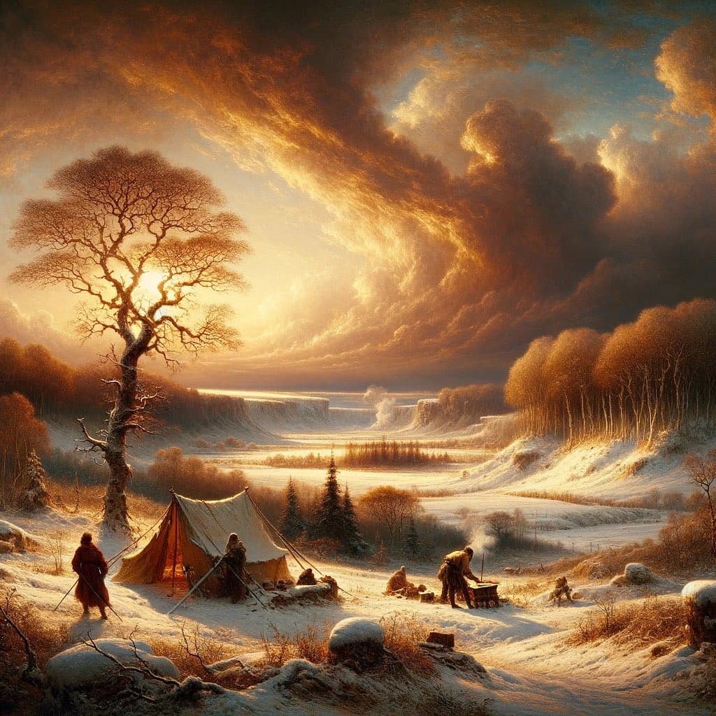 A digital painting depicting a winter landscape with a snowy campsite, featuring a tent, several figures, and a large bare tree under a dramatic, golden-lit sky. In the background, a wide river flows over a series of waterfalls through a forested valley.