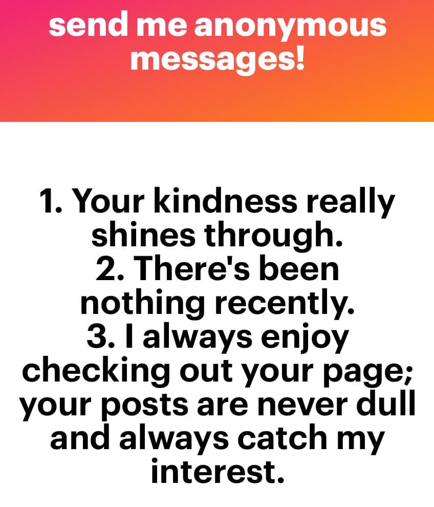 A text-based graphic with a red-to-orange gradient header and a white body. The image lists three numbered compliments, likely intended as examples of anonymous messages.