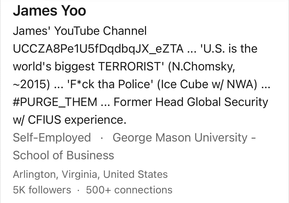 A screenshot of a LinkedIn profile header for a user named James Yoo. The profile summary lists a YouTube channel, a quote about the U.S. being a terrorist state, a song title, and the hashtag #PURGE_THEM, along with a claim of former Global Security experience. The profile lists his location as Arlington, Virginia, and his education at George Mason University.