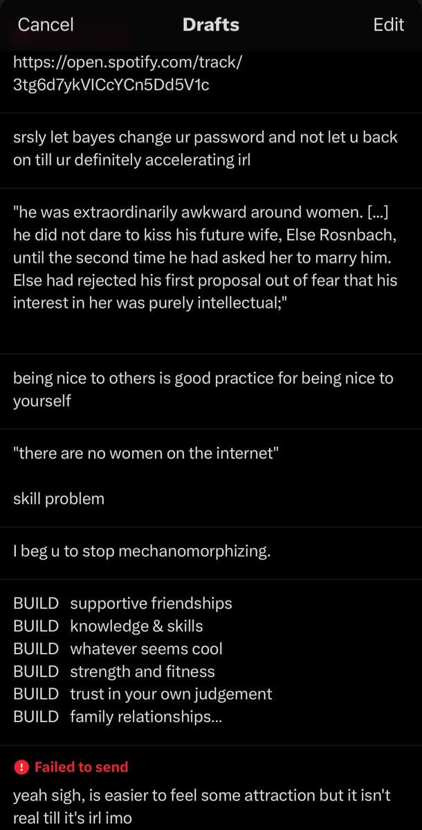 A screenshot of a mobile app's 'Drafts' screen displaying a list of unsent text messages. The interface has a dark theme with a top navigation bar containing 'Cancel', 'Drafts', and 'Edit' buttons. The list includes various text snippets, some of which are separated by horizontal lines, and one entry at the bottom is marked with a red 'Failed to send' error.