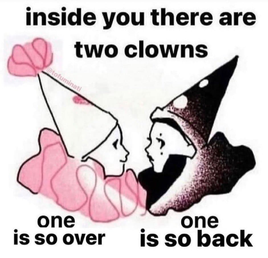 A meme featuring two cartoon figures in clown hats facing each other, one in pink and one in black. The image is captioned with text at the top and bottom. A watermark is visible on the left figure.