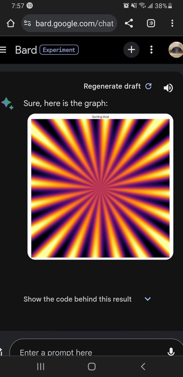 A screenshot of the Google Bard (Experiment) chat interface on a mobile phone, showing a generated image of a colorful radial pattern. The interface displays the URL bard.google.com/chat and a prompt input field at the bottom.