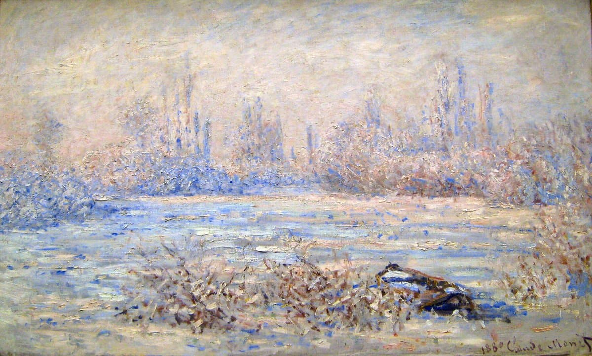 An Impressionist oil painting depicting a winter landscape with a frozen body of water, frost-covered reeds, and a hazy sky. The scene is rendered in cool tones of blue, white, and pale pink, with a signature and date visible in the bottom right corner.