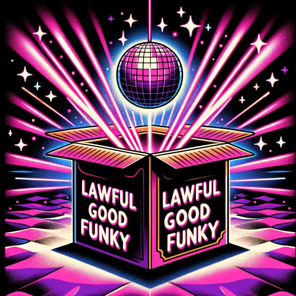 A vibrant, retro-futuristic digital illustration of an open cardboard box emitting bright pink and white laser beams and a disco ball against a starry, cosmic background. The box is labeled with the text 'LAWFUL GOOD FUNKY' on its visible sides.