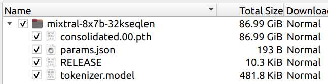 A screenshot of a file manager window displaying a list of files and folders. The main folder is named "mixtral-8x7b-32kseqlen" and contains four files: consolidated.00.pth, params.json, RELEASE, and tokenizer.model. The total size of the folder is listed as 86.99 GiB.