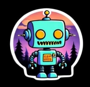 A cartoon-style illustration of a teal robot with yellow eyes and a jagged mouth, standing in front of a purple and orange sunset landscape with silhouetted pine trees. The image is framed by a white border, resembling a sticker design.