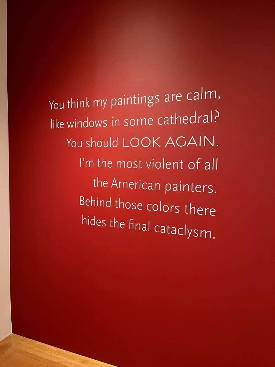 A photograph of a red gallery wall featuring a white text quote about the artist's work. The text is projected or printed directly onto the wall surface.