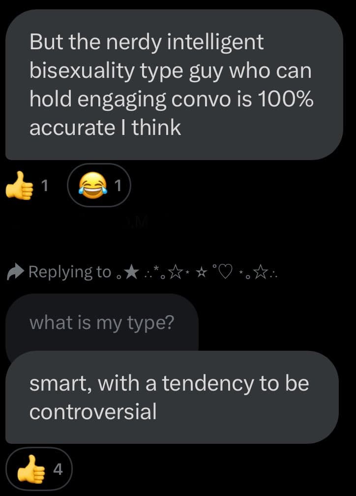 A screenshot of a social media conversation showing a reply to a question about the user's type. The reply describes the type as "smart, with a tendency to be controversial." Above this, another comment describes a "nerdy intelligent bisexuality type guy" who can hold engaging conversation.