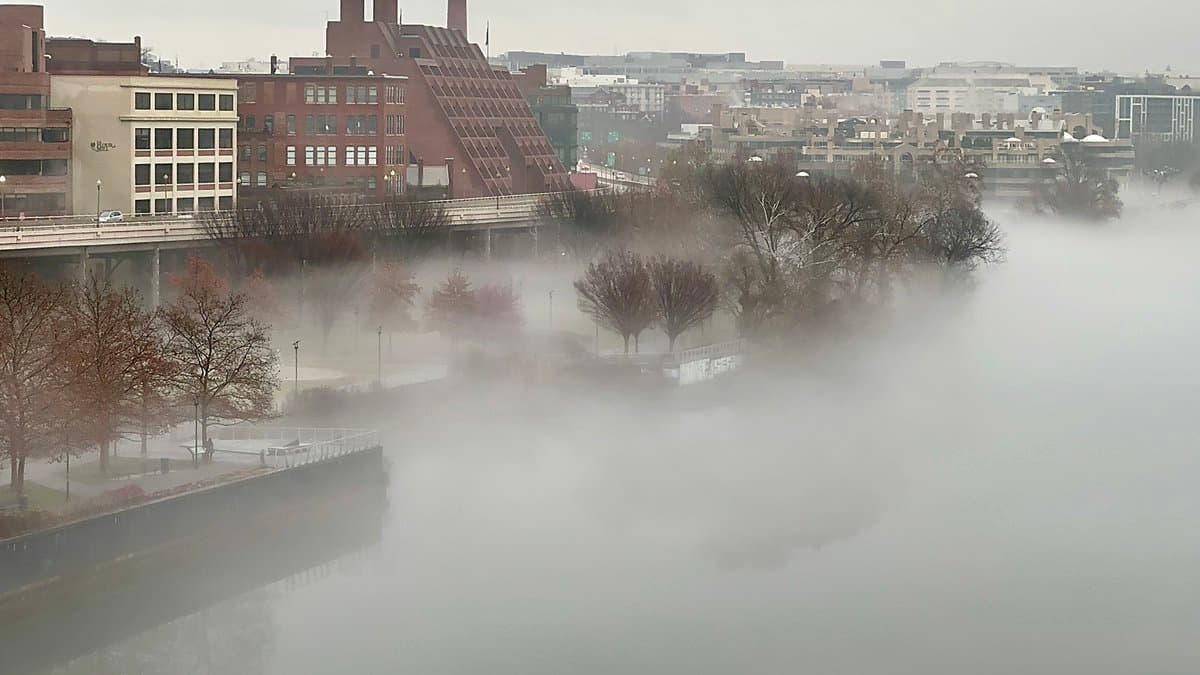 A wide-angle photograph showing a city skyline partially obscured by thick, low-lying fog hovering over a river. The scene includes bare trees along the riverbank and a highway overpass in the mid-ground, with a prominent brick building featuring a sloped roof visible on the left.
