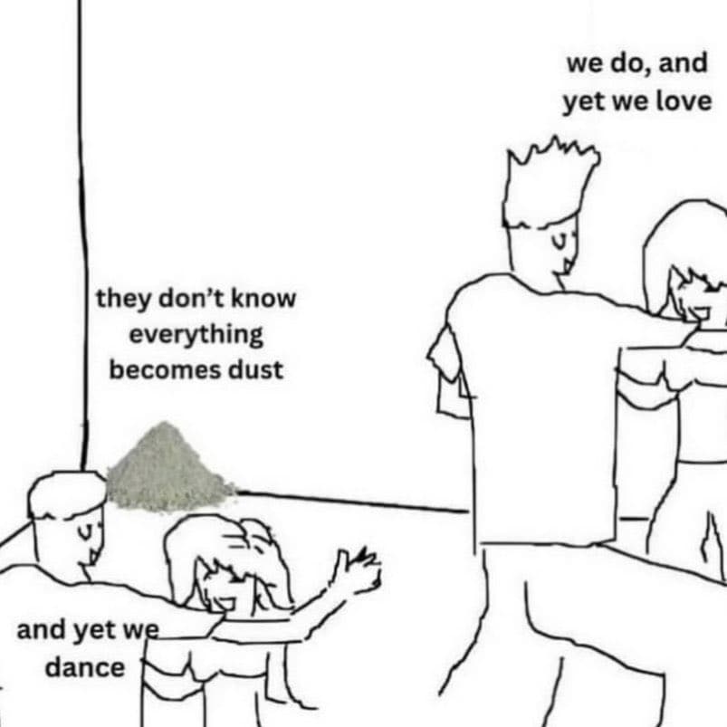A black-and-white line drawing meme depicting two couples dancing in a room, with a pile of dust on the floor and text overlays referencing the song 'Dust' by The Cranberries.