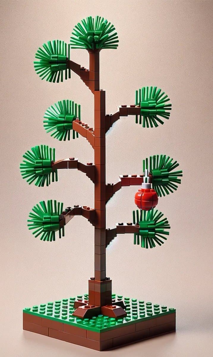 A digital rendering of a LEGO model of the Charlie Brown Christmas tree, featuring a tall brown trunk, spiky green foliage, and a single red ornament on a square base.