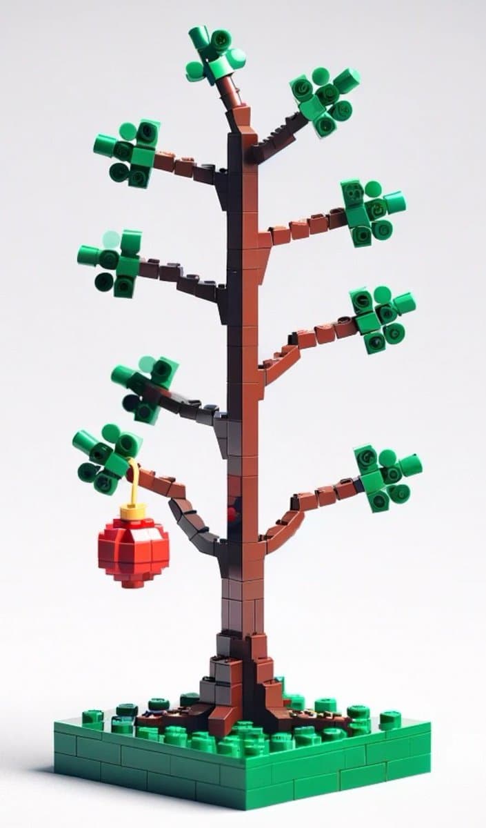 A digital rendering of a LEGO model of a Christmas tree, featuring a brown trunk, green foliage clusters, and a single red ornament hanging from a branch, set on a green baseplate.
