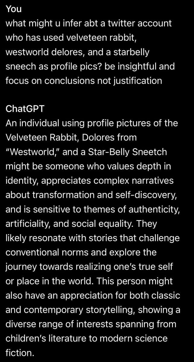A screenshot of a text-based conversation between a user and ChatGPT. The user asks for an inference about a Twitter account's personality based on its profile pictures, and ChatGPT provides a detailed psychological analysis.