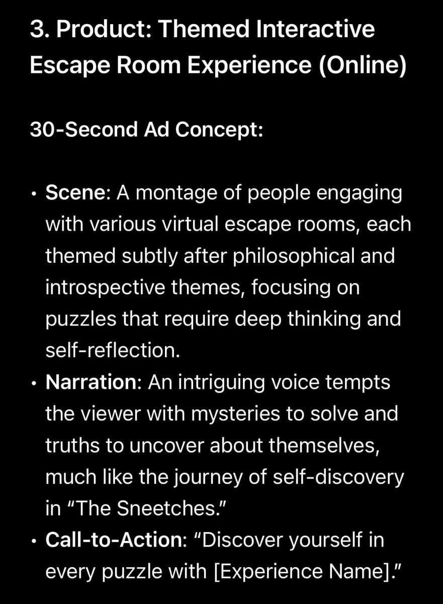 A screenshot of a text document outlining a 30-second ad concept for an online escape room experience. The text is white on a black background and includes sections for the product name, scene description, narration, and call-to-action.