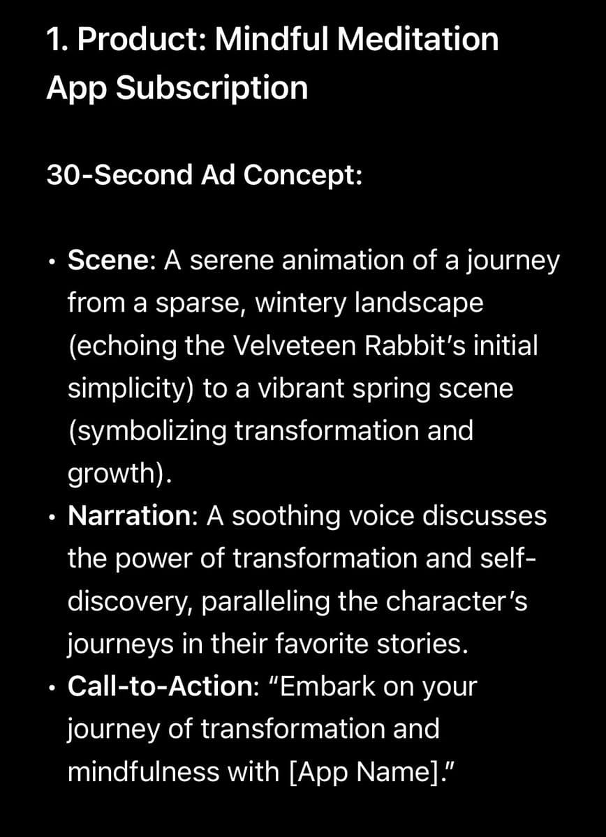 A screenshot of a text document on a black background outlining a 30-second ad concept for a Mindful Meditation App Subscription. The text details a scene, narration, and call-to-action for the proposed advertisement.